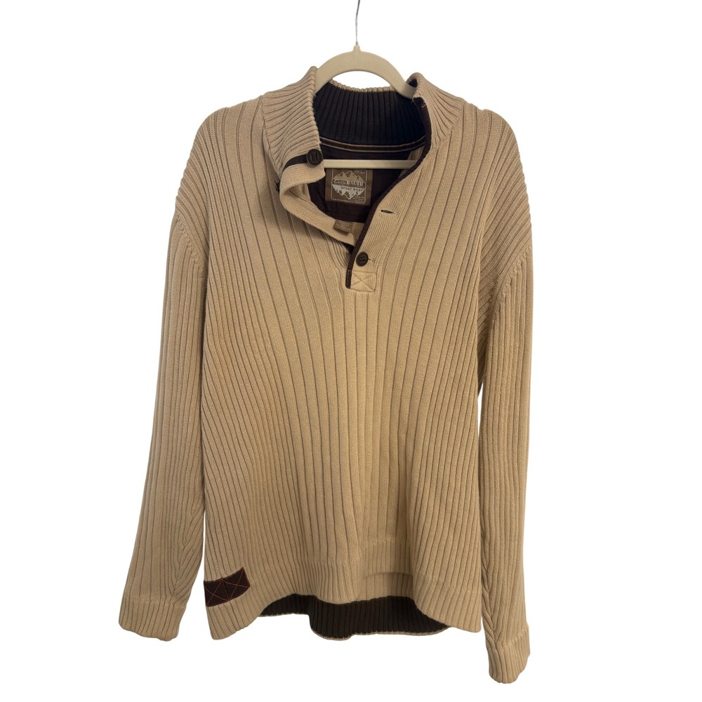 Eddie Bauer Sport Fisherman Grunge Mens Tan Ribbed Cotton Mock Neck Sweater L